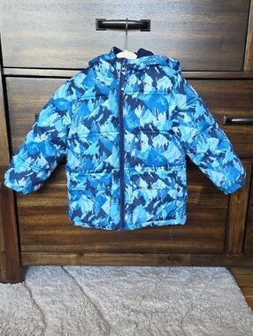 Kids Blue Camo Hooded Puffer Jacket